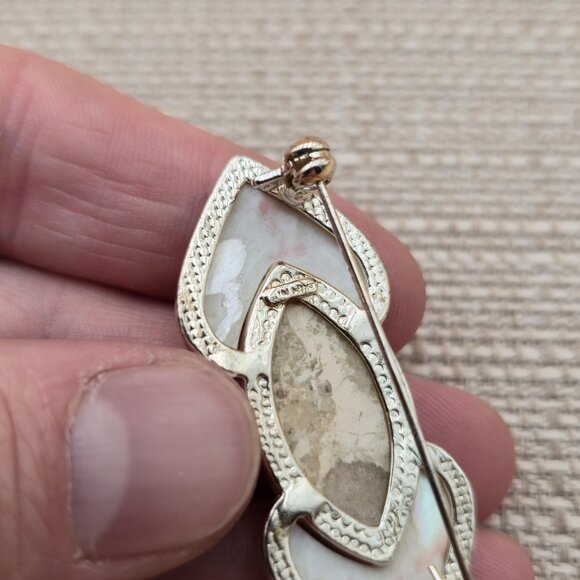 Antique Chinese Export Heart Brooch, Etched Bone & Silver  Sterling Silver Beige Stone With Heart Shell Accents Pin Brooch B717